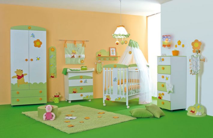 Orange and Green Girls Room with Winnie the Pooh Decorations