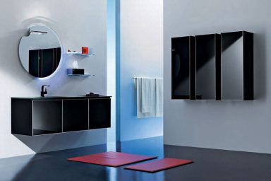 Round Mirror in Black Furniture Bathroom with Square Red Rugs