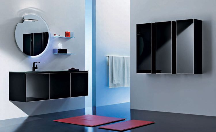 Round Mirror in Black Furniture Bathroom with Square Red Rugs