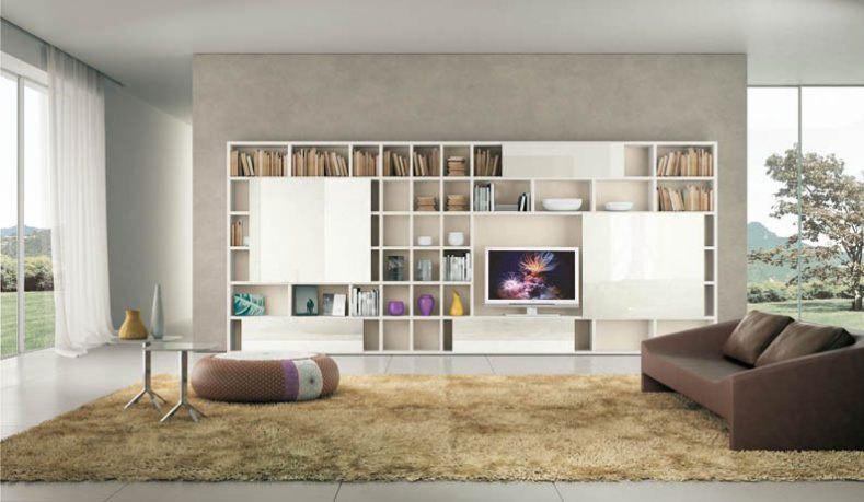Shelves Ivory with Cream Rugs and Brown Sofa Ideas
