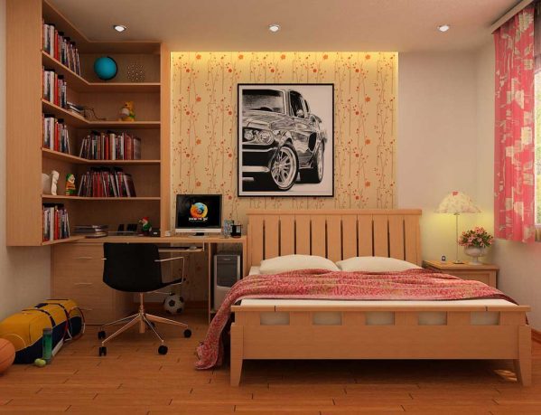 Teenager Sporty Bedroom with Bookshelving and Study Desk