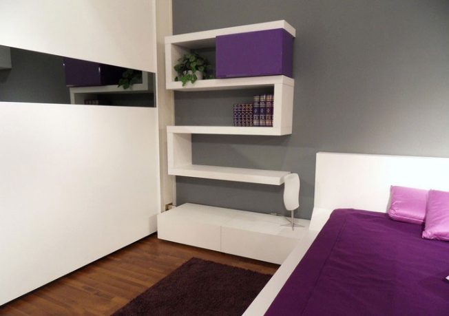 Unique White Bookshelves with Puple Accents