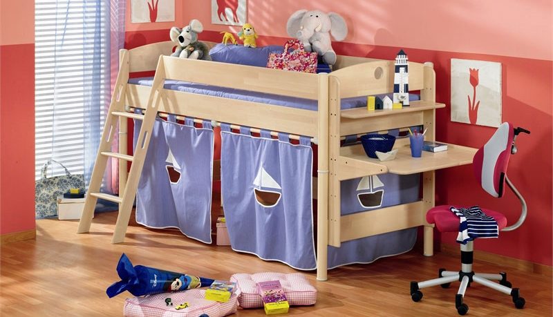 Violet Bunk Beds for Kids with Red Wall Decor