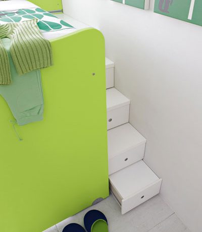 White Chair in Green Bunk Beds with Hiden Storage