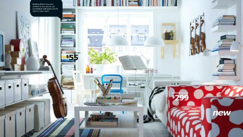 White IKEA Living Room with Polkadot Sofa Design