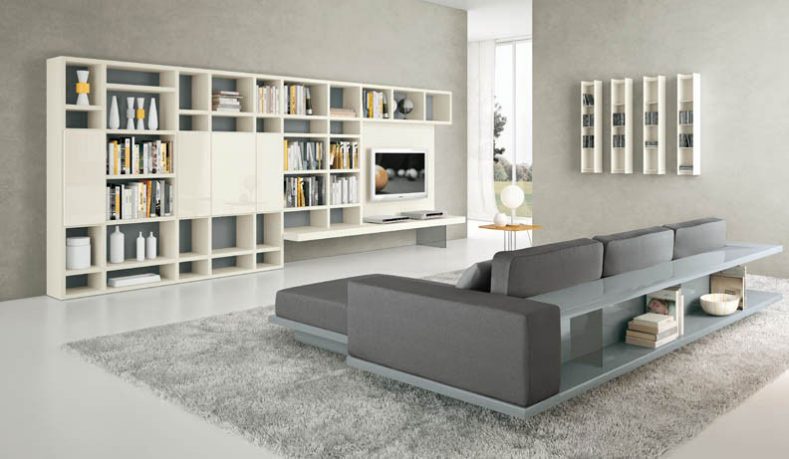 White Shelves with Grey Sofa and Yellow Accents