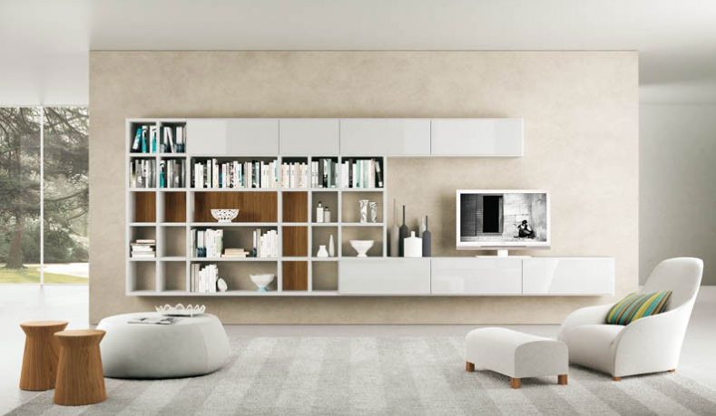 White and Cream TV Wall Mount Shelves Design