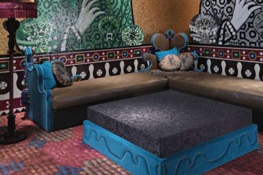 Blue and Brown Living Room Furniture with Mosaic Wall Design