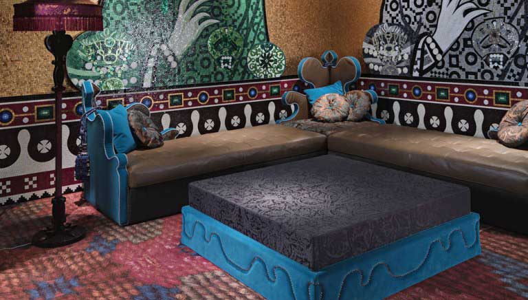 Blue and Brown Living Room Furniture with Mosaic Wall Design