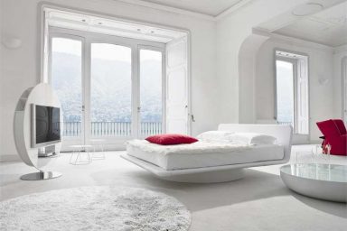 Bright and Luxury White Bedroom with Red Pillow