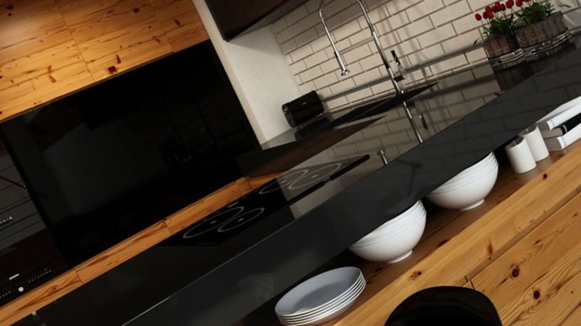 Futuristic Black Kitchen with Wooden Furniture