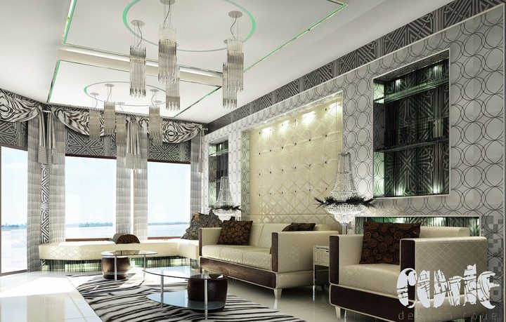 Interior Rendering Bige Couches with Graphic Decor