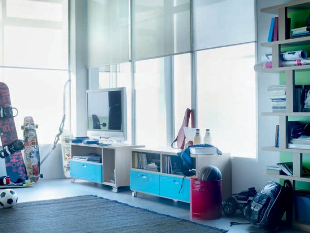 Junior Bedroom Design With LCD tv and Blue Furniture