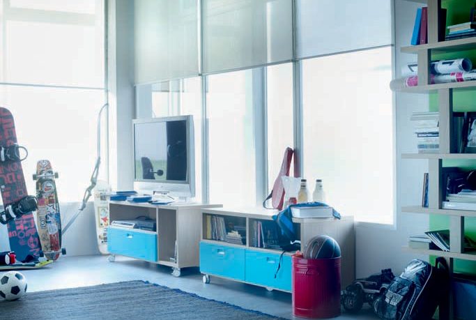 Junior Bedroom Design With LCD tv and Blue Furniture