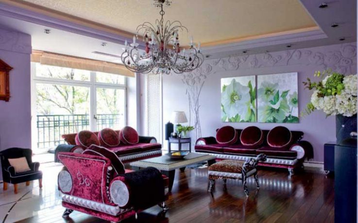Lilac and Plum Violet Living Room with Luxury Sofas and Chandelier