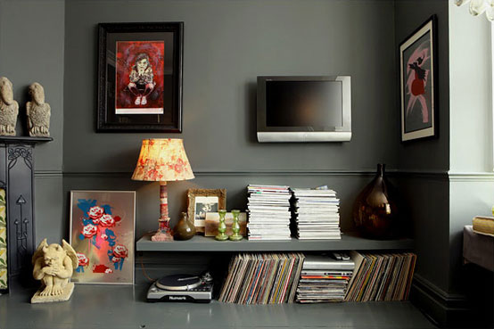 Modern Dark Living Room with DJ Console Portable and LCD TV