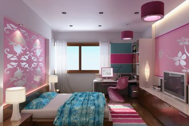 Pink Floral Wall Girl Bedroom Design with Rug Striped
