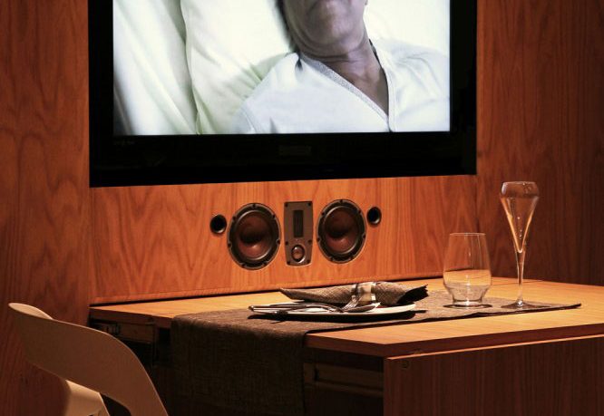Pull Out Wooden Table with LCD TV Decorations