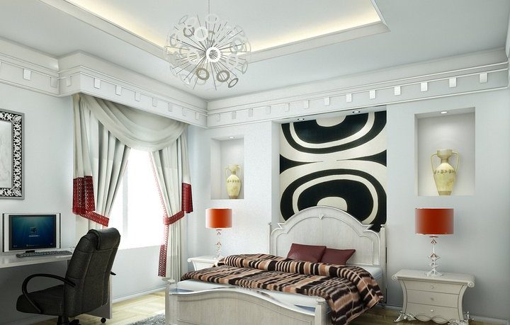 Rendering White Bedroom With Graphic Prints