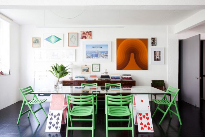 Unique Poker Cards Dining Table Aparment with Green Cairs