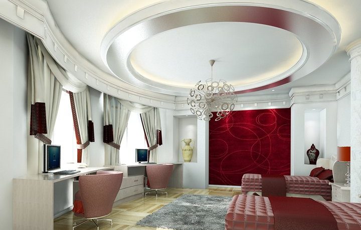White Bedroom with Circular Ceiling and Red Wall Accent Rendering