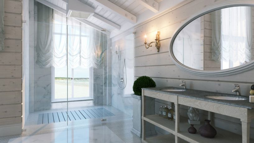 Amazing Shower and Sink White Bathroom with Sloping Ceiling Ideas