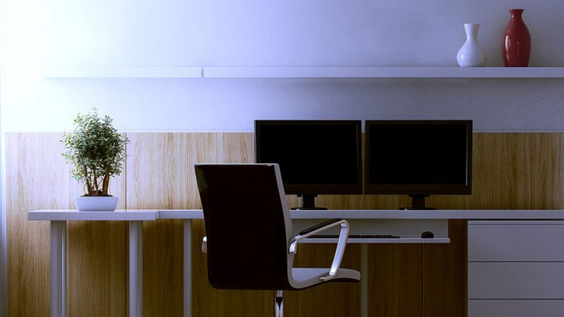 Awesome White Wood Office with Twin LCD Monitor