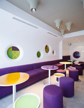 Beautiful Cafe Design with Dominant Purple Color