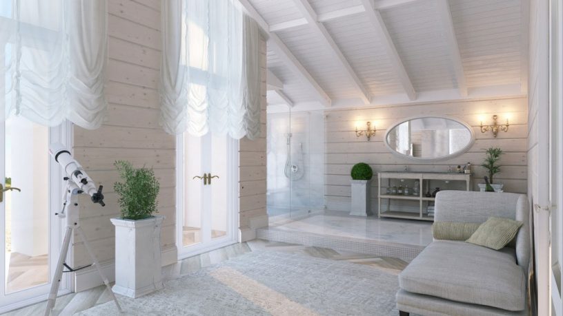 Beautiful white Bathroom With the Chaise Long and Sloping Ceiling