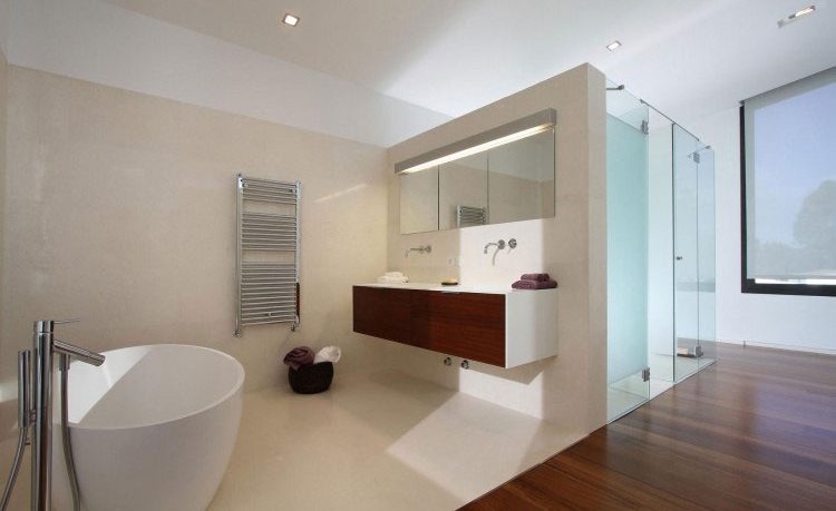 Clean Luxury Bathroom with Wood Floor