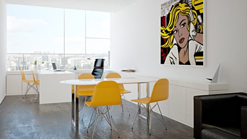 Minimalist Office Interiors with Retro Wall Art Decor