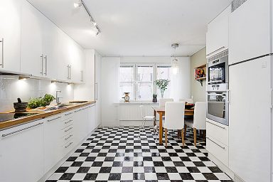 Modern Kitchen Apartment with Black and White Checkered Floor