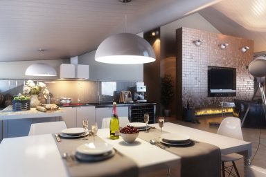 Modern White Dining Area with Kitchen in One Space