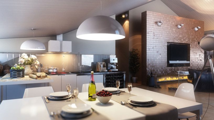 Modern White Dining Area with Kitchen in One Space