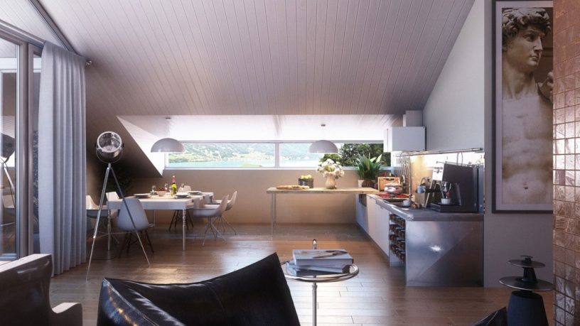Open Kitchen Dining Area with Black Leather Sofa