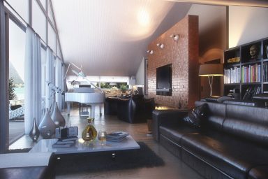 The Living Room Overall with Glass Wall and Long Black Leather Sofas