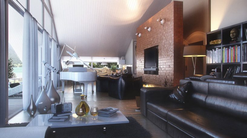The Living Room Overall with Glass Wall and Long Black Leather Sofas