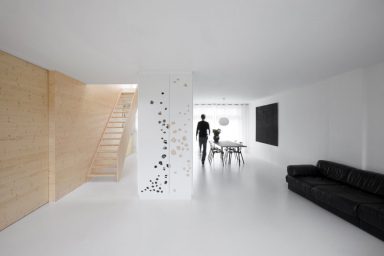 White Dining with Wood Stairway Design