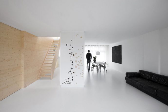 White Dining with Wood Stairway Design