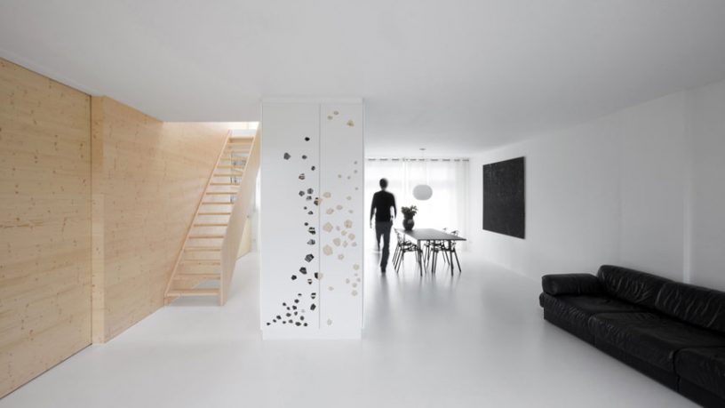 White Dining with Wood Stairway Design