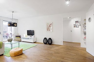 White Living Room Apartment with Black Chandelier and Wood Floor