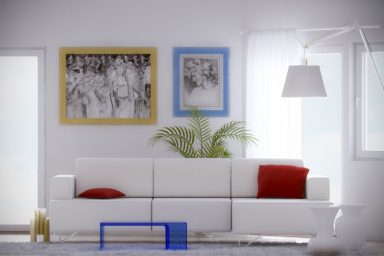 White Red Living Room with Blue Plastic Table