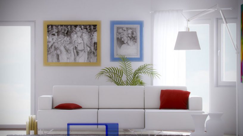 White Red Living Room with Blue Plastic Table