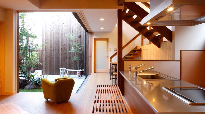Zen Kitchen and Courtyard Design with Wooden Furniture Set