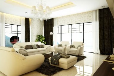 Carving Wallpapered Living Room with Beige Sofas