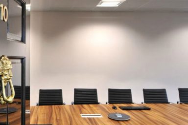 Cool Wooden Table for Meeting Room with Black Chair