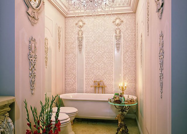 Luxury Pink Bathroom Detail with Chandelier
