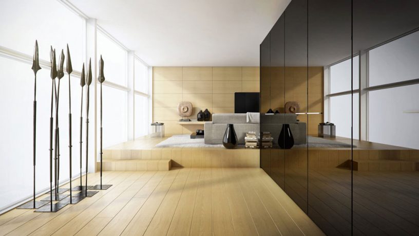 Minimalist Loft Living Room Natural Lighting and Wooden Wall