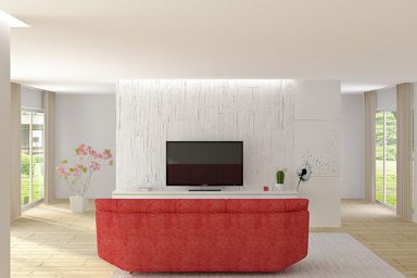 Minimalist White TV Room with Red Sofas Ideas