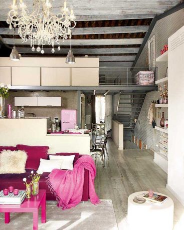 Modern Living Room with Pink Element and Red Sofas